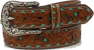Nocona Belt Co. Floral Embossed Leather Western Belt In Brown/turquoise