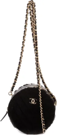 Chanel Pre-owned Womens CC Shearling Chevron Round Crossbody Shoulder Bag - Black - One Size