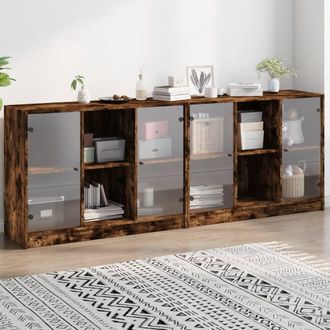 Berkfield Home Bookcase with Doors Smoked Oak 204x37x75 cm Engineered Wood in Brown | Size: 204 x 37 x 75 cm
