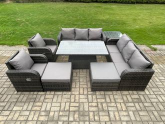 Fimous Rattan Outdoor Garden Furniture Sets Height Adjustable Rising lifting Dining Table Reclining Chair Sofa Set with Side Tables in Dark Grey