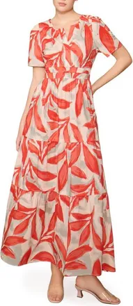 Melloday Short Sleeve Tiered Maxi Dress in Bone Camelia Leaf at Nordstrom, Size X-Large