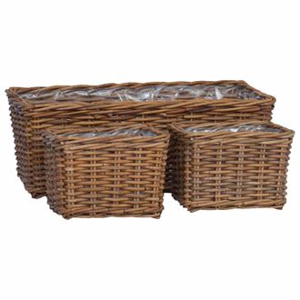 vidaXL Cesta Para Plantas Con Almacenamiento 3 Pcs Marr&oacute;n Rat&aacute;n Kubu Vidaxl