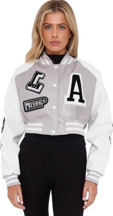 Janisramone Cropped Leather Jacket for Women With Letter Details on Arms and Front, Faux Leather Varsity Baseball Bomber Jacket Women for Sports and Casual Wear