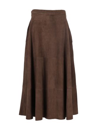 Antonelli Brown Flared Paneled Leather Midi Skirt