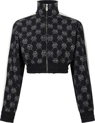 Philipp Plein Hoodies & sweatvesten, Dames, Zwart, S, Katoen, Fleece Trainingsjack Monogram Kristal