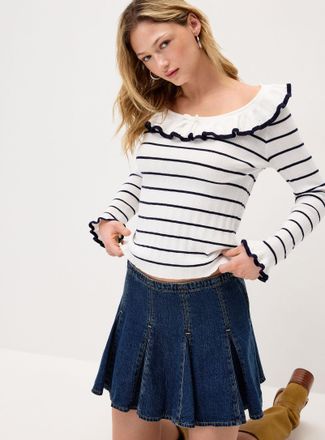 Twik Womens Striped ruffled collar sweater