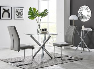 Furniturebox Selina Round Glass & Chrome Metal Dining Table & Lorenzo Chairs Set in Grey | Size: 4 Person