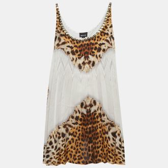 Just Cavalli Off- White Animal Printed Knit And Satin Tank Top