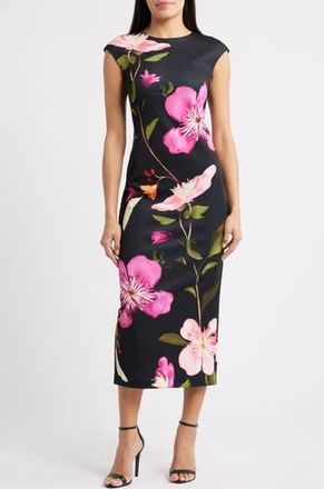 Vince Camuto Floral Cap Sleeve Sheath Midi Dress in Black at Nordstrom Rack, Size 2