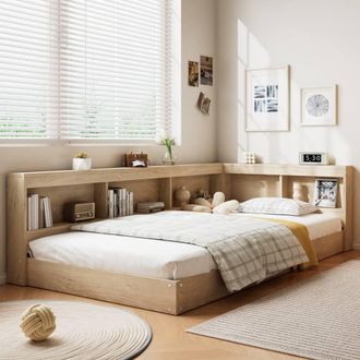 Merax 3ft Single Oak Wooden Cabin Bed Frame with Corner Storage Bookshelf in Light Oak