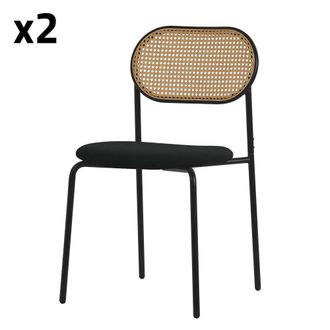 ML Design 2x Sillas de comedor negro tapizado rat&aacute;n respaldo curvado de rejilla