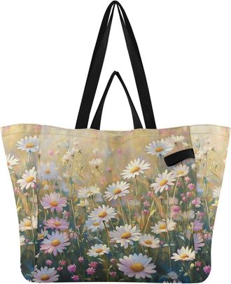Generic Flower Plant Green print Reusable Canvas Tote Bag, Heavy Duty Grocery Shopping Bag with Large Capacity Double Handles Hard Bottom Work Groceries Trave