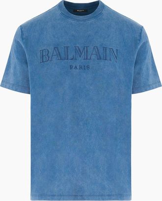 Balmain Mens Regular Embroidered Logo T-Shirt Blue - Size: 36