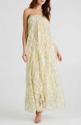Helsi Margot Bead & Appliqu&eacute; Strapless Mesh Gown in Soft Yellow/Silver at Nordstrom, Size X-Small