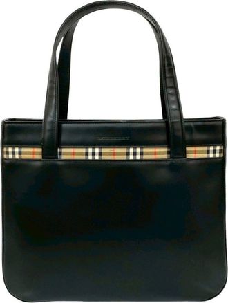 Burberry Beige Black Leather Boston Bag Handbag Tote Bag (Pre-Owned)