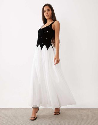 Asos vestito maxi in velluto con bustino a contrasto e gonna con perle in monocromatico-Nero