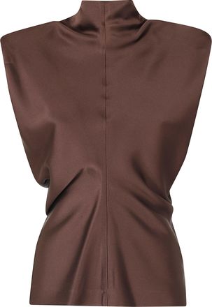 Federica Tosi Dark Brown Padded Straps Pleated Front Acetate-Blend Blouse