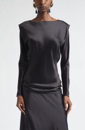 Saint Laurent Fluid Silk Satin Top in Noir at Nordstrom, Size 10 Us