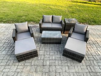 Fimous 6 Seater Dark Grey Outdoor Rattan Garden Furniture Set Patio Lounge Sofa Rectangular Coffee Table with 2 Big Footstool