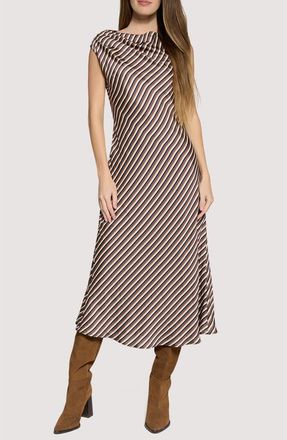 Lost + Wander Chelsea Lane Stripe Satin Midi Dress in Brown-Multi at Nordstrom, Size X-Small