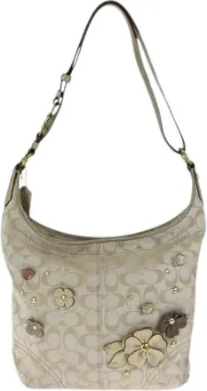 Coach Pre-owned Signature Flower Applique Canvas Leather Shoulder Bag - Dames - Vintage Schoudertas - Beige - ONE Size - Leer - Vintage