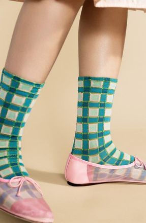 Hansel From Basel Esther Metallic Plaid Crew Socks in Turquoise at Nordstrom