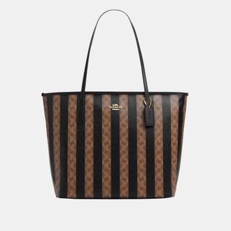Coach Womens Large City Tote in Stripe Signature Canvas - Brown - One Size