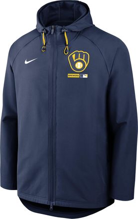 Nike Milwaukee Brewers Authentic Collection Nike Mens Therma-FIT MLB Full-Zip Hooded Jacket in Blue | 04HC10MIMZB-FHP