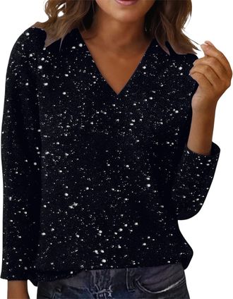 Generic Ladies Sparkly Tops Elegant Long Sleeve V Neck Sequin Glitter Tops New Years Eve Party Wear Sparkling Festive Blouse Sequined Christmas Shirts Shimmer