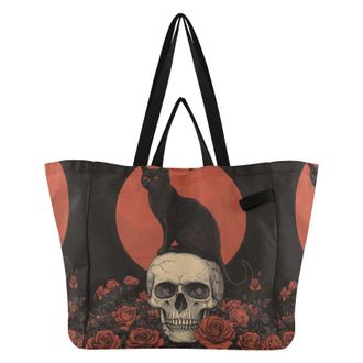 Generic Cat Skull Roses Red print Reusable Canvas Tote Bag, Heavy Duty Grocery Shopping Bag with Double Handles Large Capacity Hard Bottom Work Groceries Trav