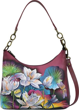 Anuschka Womens Original Leather Hand-Painted Hobo Shoulder Bag, Lotus Blossoms, One Size