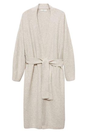 Mango Longline Tie Belt Cardigan in Light Beige at Nordstrom, Size Small