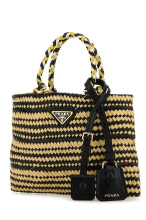 Prada Womens Two-Tone Raffia Handbag Nero+naturale Vi-Calfleather Borse A Mano Bag