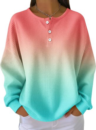 Generic Womens Waffle Gradient Pullover - Long Sleeved Round Neck Casual Sportswear (UK, Alpha, 3XL, Regular, Regular, Gradient Color16)