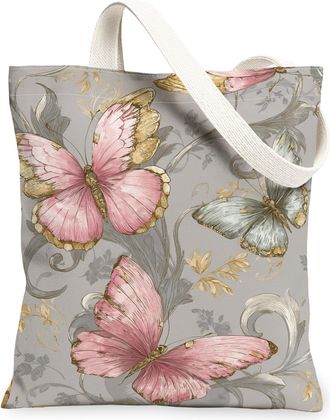 Generic Butterfly Floral Canvas Tote Bags, Elegant Insect Print Reusable Bags, Lightweight Washable Shoulder Strap Canvas for Trave, Gray, 13x15 Inch