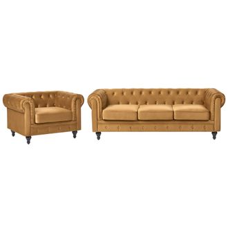 Beliani Conjunto De Sal&oacute;n Chesterfield Tapizado En Tela De Terciopelo Amarillo Sof&aacute; 3 Plazas + Sill&oacute;n Patas De Madera Oscura Estilo Contempor&aacute;neo Chesterfield