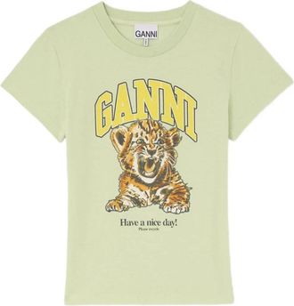 Ganni Baby T-shirt met tijger - Dames - T-shirts - Groen - L - Katoen - Tops