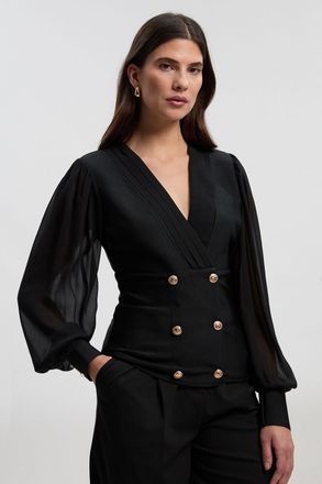 Karen Millen Womens Figure Form Woven Mix Military Button Blazer Knit Top - Black - Size X-Small