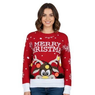 Janisramone Christmas Jumpers for Women UK, Reindeer 3D Pom Pom Rudolph Xmas Knitted Crewneck Ugly Sweater, Novelty Unisex Christmas Jumpers for Women, Red Long S