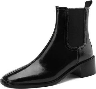 TinaCus Womens Square Toe Genuine Leather Handmade Chunky Heels Slip On Trendy Ankle Boots, Black, 7.5 UK