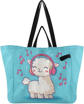 Generic Llama Music Note Cyan print Reusable Canvas Tote Bag, Heavy Duty Grocery Shopping Bag with Large Capacity Double Handles Hard Bottom Work Groceries Tr