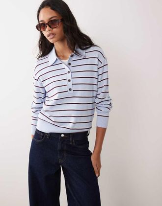 Arket maglione polo in lana merino a righe blu-Bianco