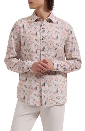 Bugatchi Julian Shaped Fit Abstract Leaf Print Linen Button-Up Shirt in Desert at Nordstrom, Size Xxx-Large