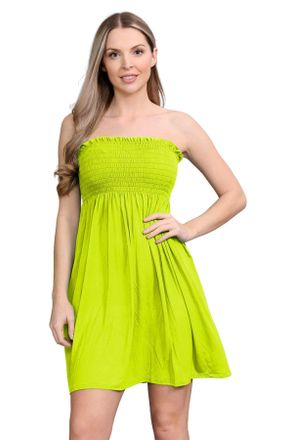 Janisramone Womens Bandeau Dress, Boob Tube Sheering Ruched Flared Mini Dress, Plain Strapless Summer Dresses, Perfect Holiday & Beach Dresses for Women UK Neon Y