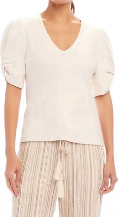 Karen Kane Rayne Ribbed Twist Sleeve V-Neck Top In Ecru