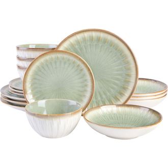 Gibson Home Mayfair Bay 16 Piece Double Bowl Embossed Reactive in Green at Nordstrom
