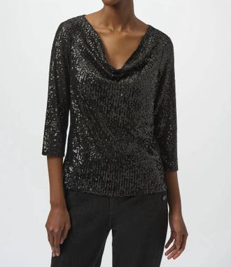 Joseph Ribkoff Sequined Cowl Neck 3/4 Sleeves Straight Top In Black