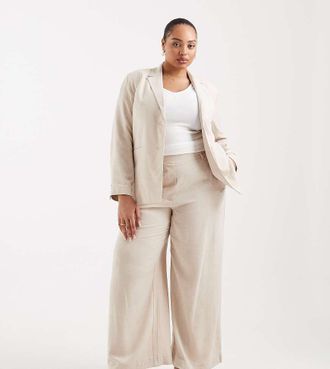 Pieces Pieces Curve - Blazer sartoriale misto lino grigio caldo in coordinato