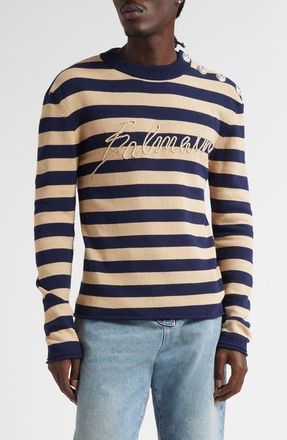Balmain Embroidered Logo Cotton Sweater in Soe Navy/Camel at Nordstrom, Size X-Large