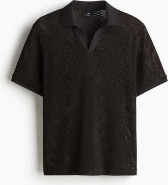 H&M Poloshirt in Ajourstrick Regular Fit - Schwarz